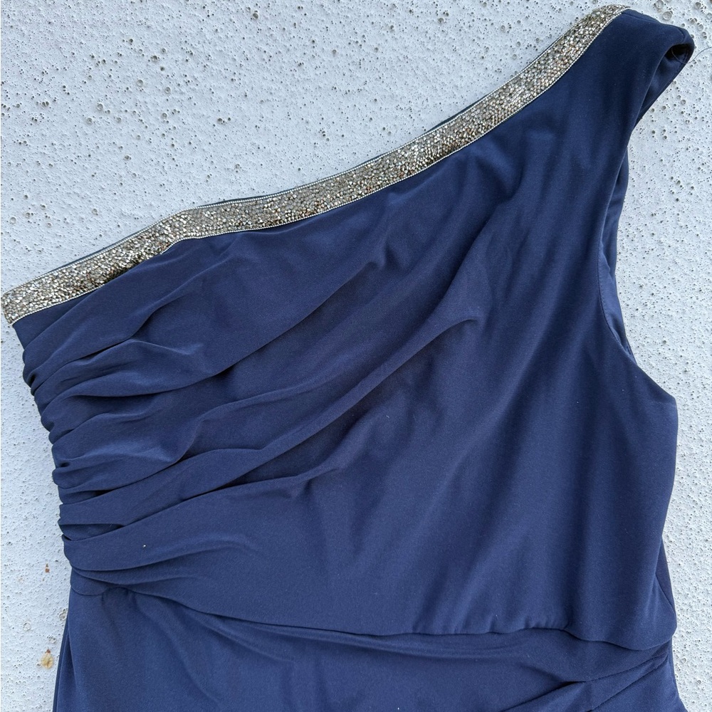 ADRIANNA PAPELL Beaded One-Shoulder Matte Jersey Jumpsuit In Midnight Size 16 - Picture 7 of 12
